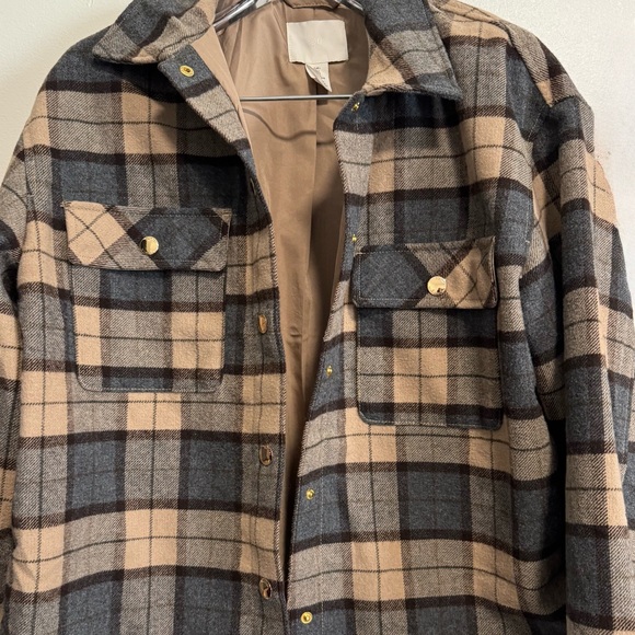 H&M Plaid Shacket Jacket Womens Large Beige Gray Button Front Flannel Coat - Picture 2 of 8
